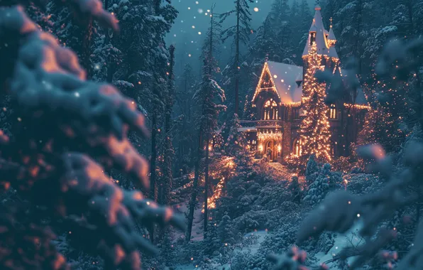 Winter, frost, forest, light, snow, night, lights, house