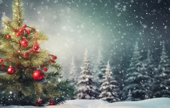 Winter, snow, decoration, balls, tree, New Year, Christmas, new year