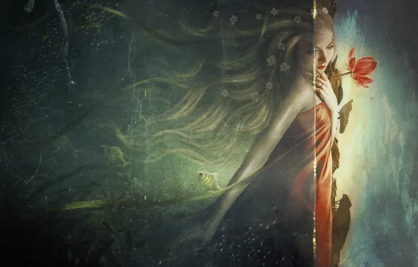 Picture girl, flowers, art, curls, Ophelia