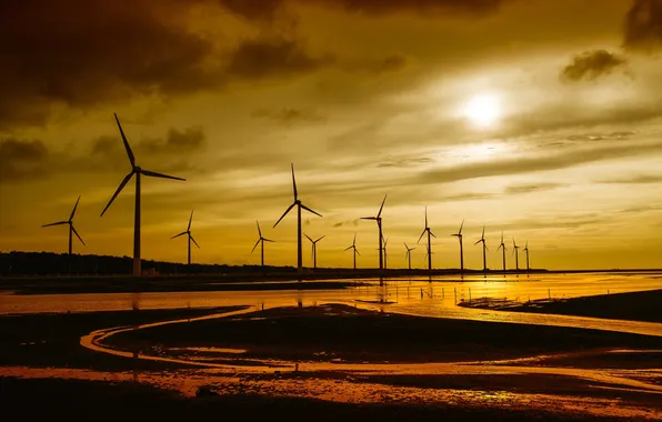 The sky, clouds, sunset, windmill