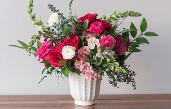 Roses, bouquet, Ranunculus, gillyflower