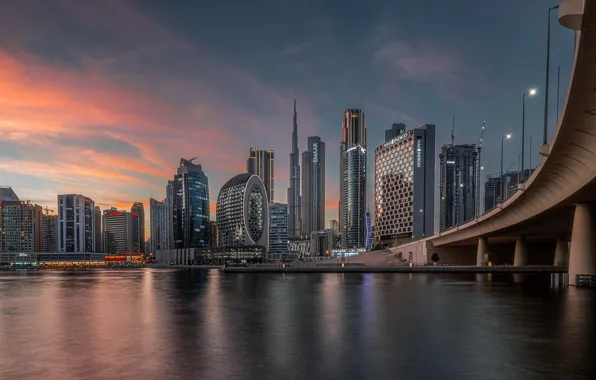 City, House, Clouds, Bridge, Water, Evening, Sea, Buildings