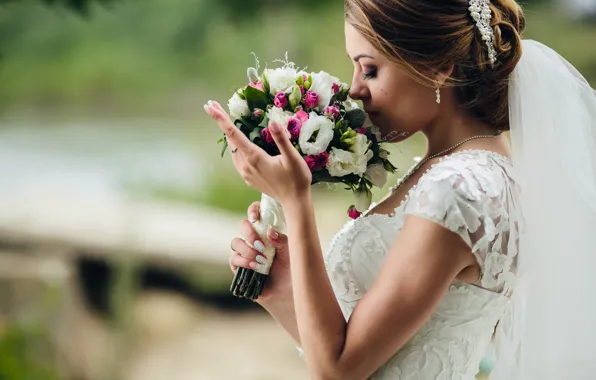 Girl, bouquet, the bride, white dress, veil, wedding
