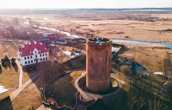 Field, river, tower, horizon, Belarus, Belarus, the thirteenth century, Kamenetskaya Vezha