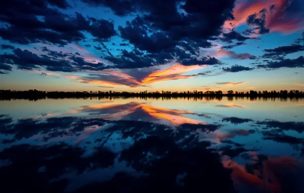 The sky, clouds, reflection, lake, the evening
