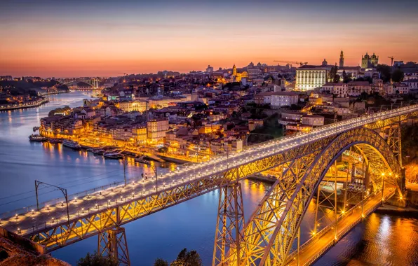 Bridge, lights, river, home, panorama, Portugal, Porto