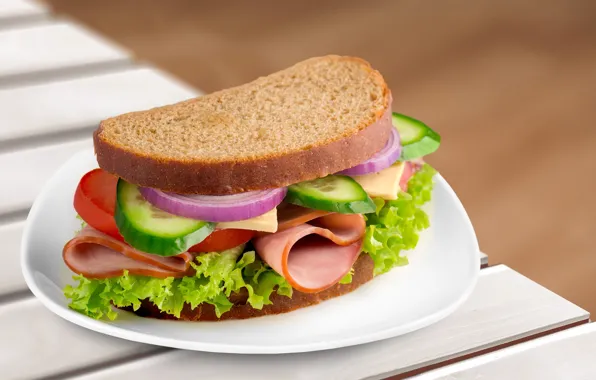 Bow, bread, sandwich, vegetables, tomatoes, sandwich, ham