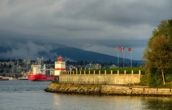 Forest, clouds, trees, landscape, mountains, clouds, shore, lighthouse