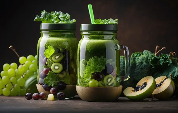 Kiwi, grapes, drink, fruit, digital art, smoothies, AI art, neural network