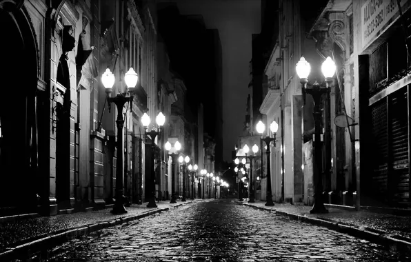 Picture road, the sky, night, the city, street, home, lights, black and white