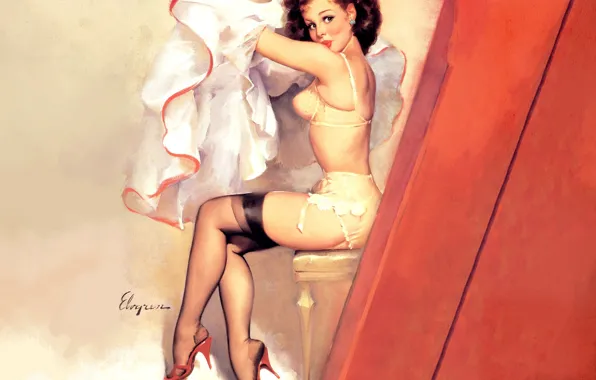 Linen, stockings, brunette, chair, art, pin-up, voyeurism, Gil Elvgren