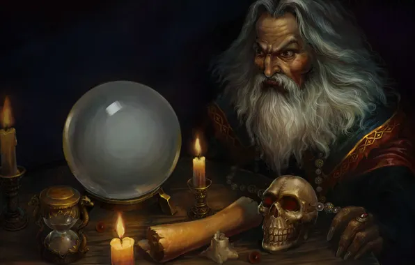 Watch, skull, ball, candles, art, the old man, the sorcerer, azkallor