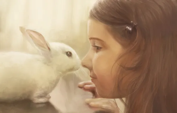 Picture white, table, animal, tenderness, child, rabbit, art, girl