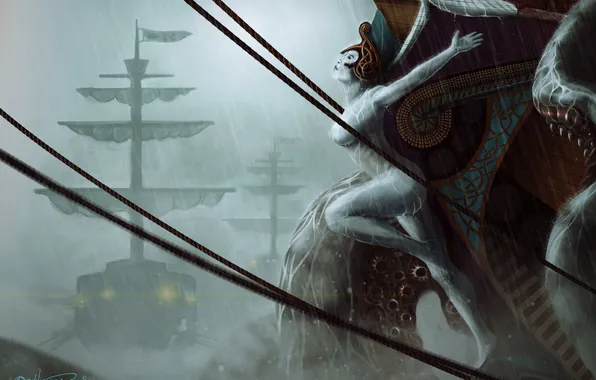 Sea, girl, storm, ship, sailboat, monster, figure, art