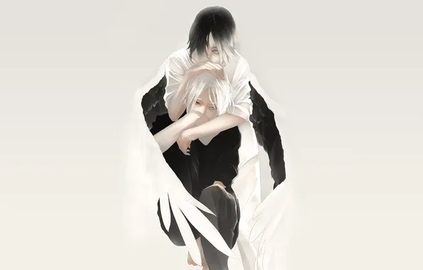 Picture white, black, wings, angel, hugs, guy, art