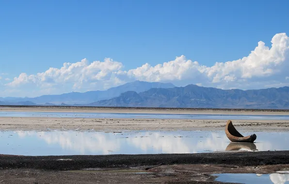 Sea, clouds, mountains, lake, reflection, boat, stranded