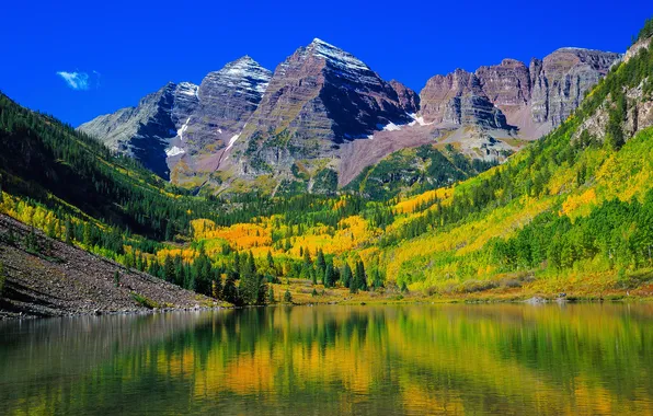 Picture autumn, forest, trees, mountains, lake, reflection, stones, rocks