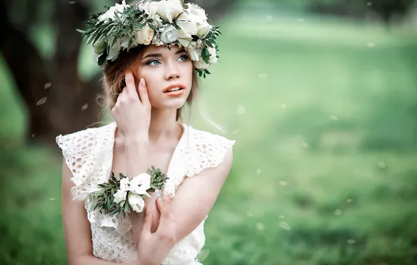 Picture summer, girl, flowers, nature, roses, petals, wreath, Rus