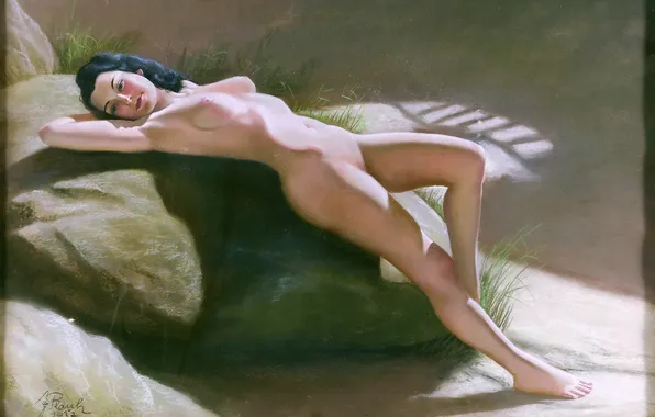 Girl, Stone, Picture, Naked, Austrian artist, Joseph Planck, Josef Plank, Naked woman on the beach