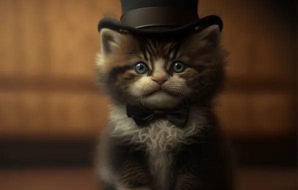 Cat, look, kitty, hat, face, cylinder, digital art, AI art