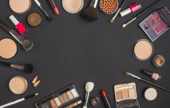 Lipstick, shadows, black background, brush, cosmetics, lacquer, blush, powder