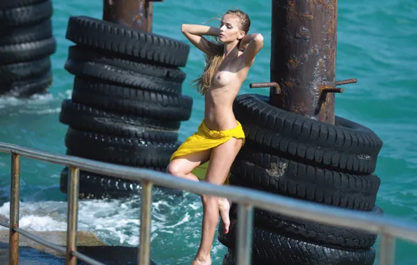 Water, Sea, Girl, Chest, Blonde, Pierce, Model, Hands