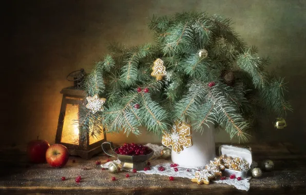 Light, branches, berries, table, apples, toys, bouquet, cookies