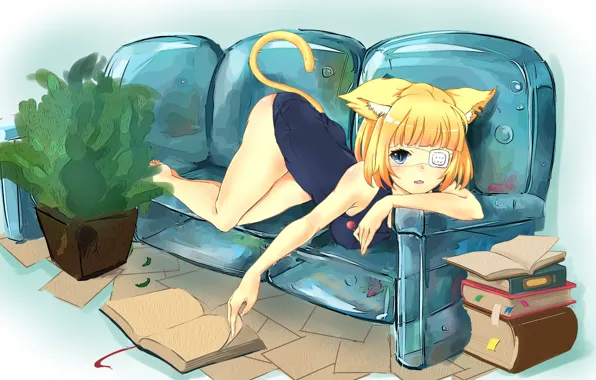 Sofa, plant, books, tail, lies, Lollipop, ears, eye patch
