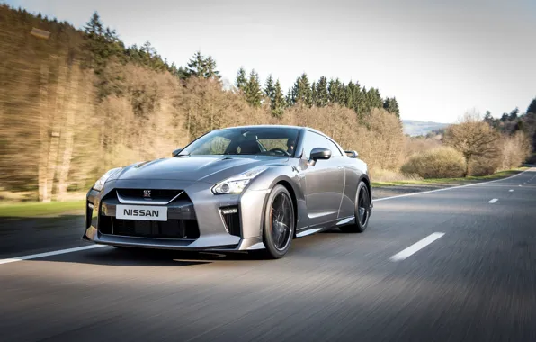 Road, auto, trees, speed, silver, Nissan, GT-R, sports car