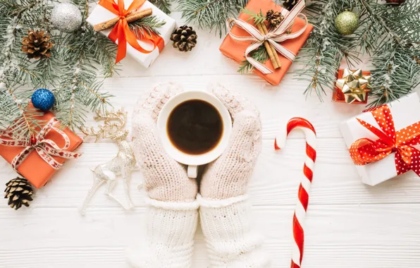 Picture holiday, gift, new year, coffee, decor, caramel, fir-tree branches