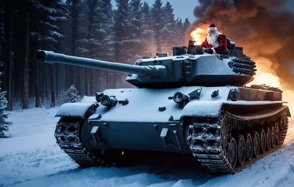 Winter, forest, fire, flame, smoke, new year, tank, Santa Claus