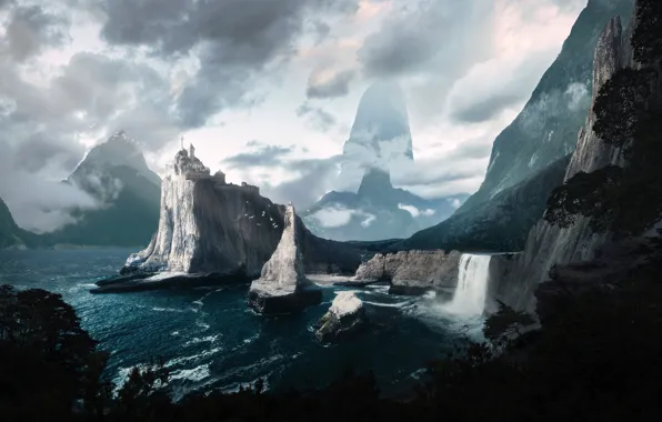 Clouds, Sea, Mountains, Rocks, Bay, Fantasy, Landscape, Fortress