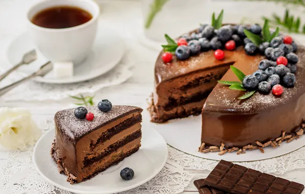 Berries, tea, chocolate, cake