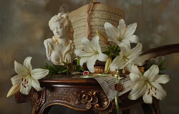 Flowers, style, notes, pen, Lily, sculpture, white, still life