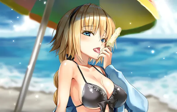 Girl, sexy, cleavage, beach, long hair, sea, boobs, anime