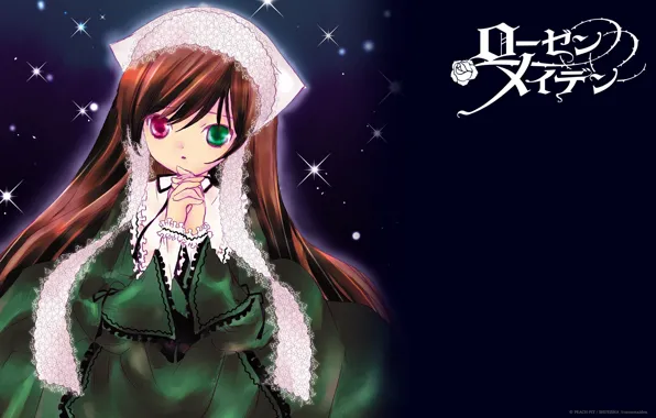 Red, lace, cap, rozen maiden, long hair, art, different eyes, green dress