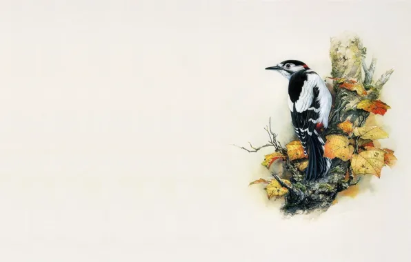 Picture tree, bird, minimalism, East, woodpecker, master, art, painting