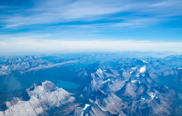 Picture the sky, clouds, snow, mountains, lake, tops, ridge