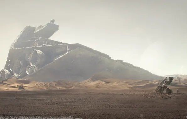 Picture planet, spaceship, crashed star destroyer, Star Wars Fan Art