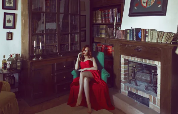 Girl, face, style, room, red, books, dress, fireplace