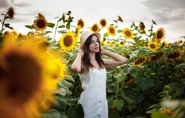 The sky, sunflowers, Clouds, Girl, hat, Anna Kovaleva