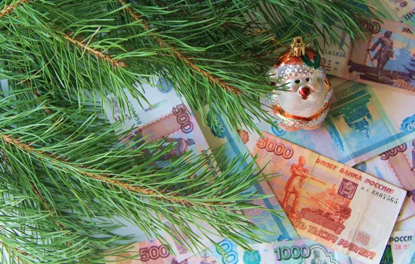 Picture branches, toy, money, spruce, rubles
