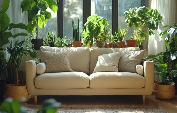 Glass, light, flowers, room, sofa, interior, plants, pillow