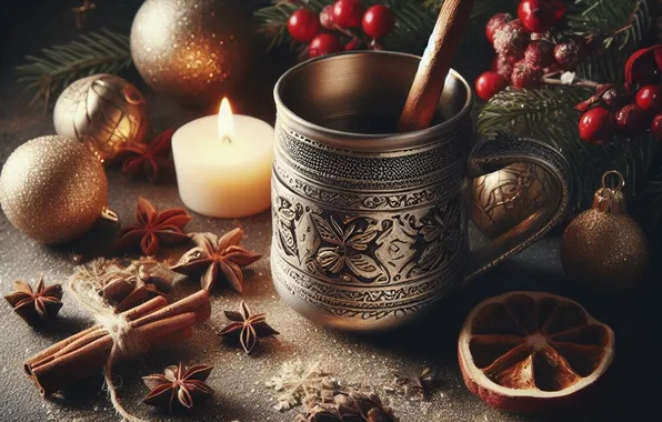 Balls, table, candles, fruit, Christmas, mug, New year, drink