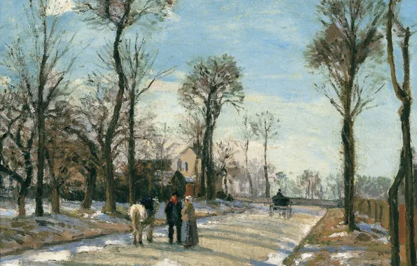 Landscape, picture, Camille Pissarro, The road to Versailles. Louveciennes. Winter Sun and Snow