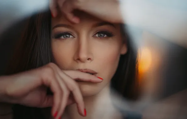 Look, girl, face, portrait, hands, makeup, brunette, hairstyle