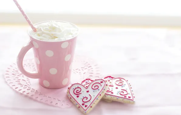 Love, circles, pink, pattern, heart, cream, mug, tube