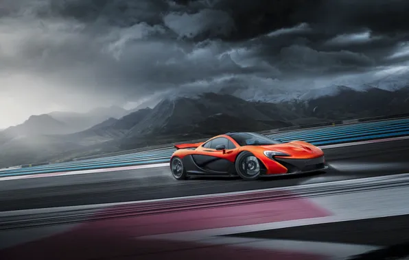 Picture McLaren, Orange, Clouds, Supercar, Track, Skid, Drifting