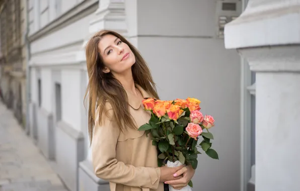 Look, flowers, face, bouquet, Monika