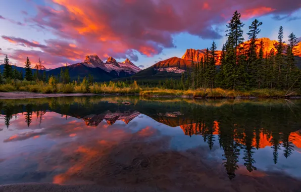 Trees, sunset, mountains, reflection, river, Canada, Albert, Alberta